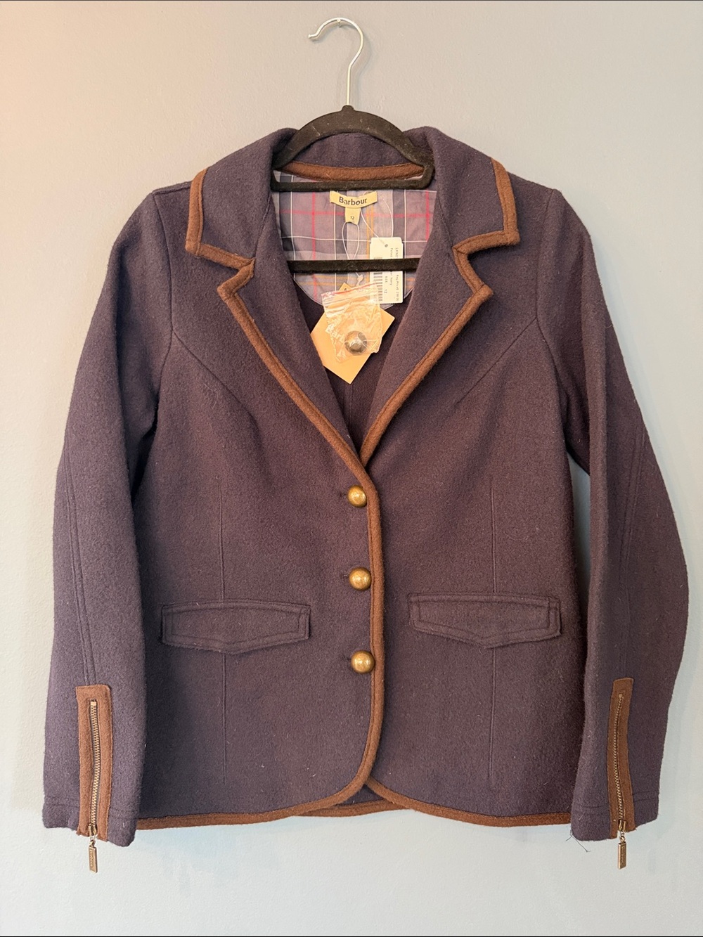 Barbour Purple Blazer with Brown Trim and Brass Buttons - Women's